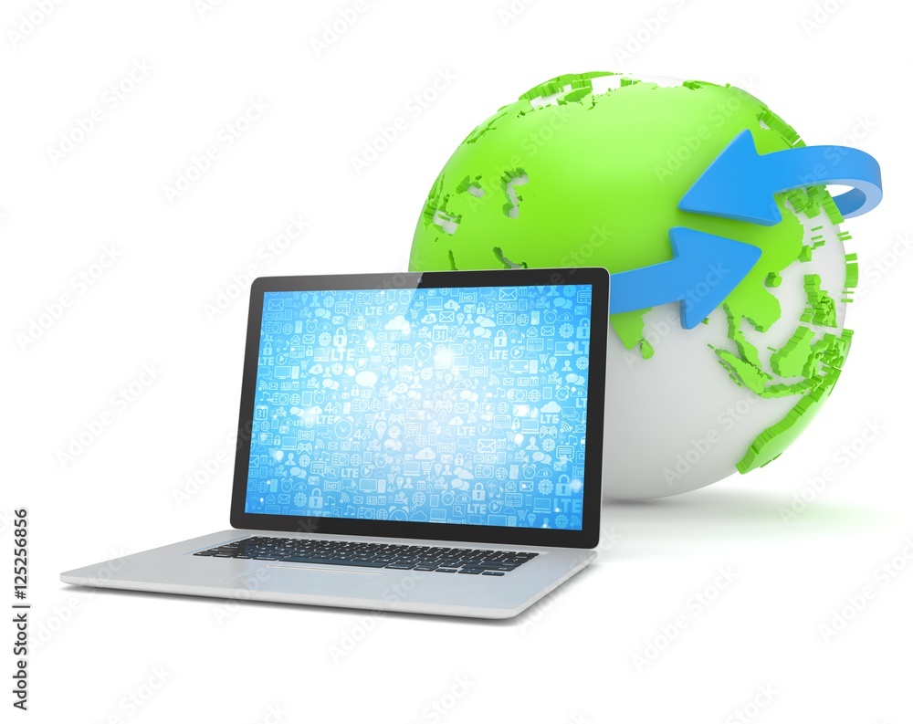 Laptop network and earth globe. 3d rendering.