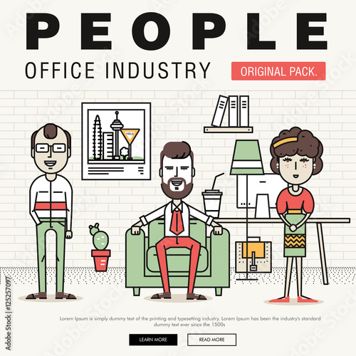 Modern office people industry. Thin line business day concept. Coworking creative and meeting teamwork elements. Corporate human infographics and icons idea concept symbol.