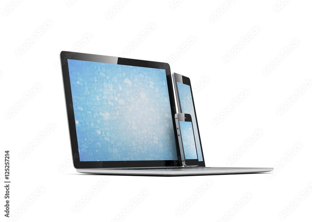 laptop, tablet, phone, on white. 3d rendering. laptop, tablet, phone, on white. 3d rendering.