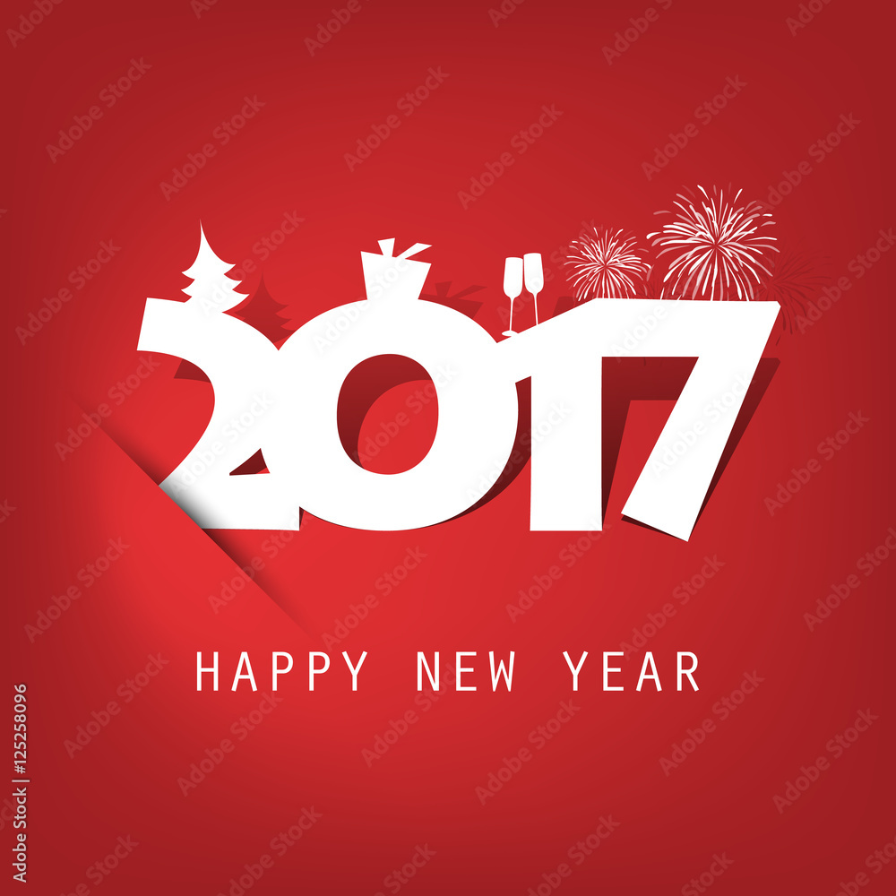 Simple White And Red New Year Card, Cover or Background Design Template With Holiday Icons - 2017 Simple White And Red New Year Card, Cover or Background Design Template With Holiday Icons - 2017