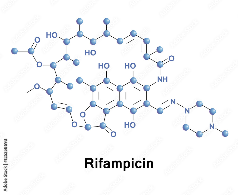 Rifampicin is an antibiotic used to treat a several types of bacterial infections. This includes tuberculosis, leprosy, and Legionnaire's disease. Medical vector illustration. Rifampicin is an antibiotic used to treat a several types of bacterial infections. This includes tuberculosis, leprosy, and Legionnaire's disease. Medical vector illustration.
