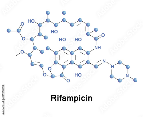 Rifampicin is an antibiotic used to treat a several types of bacterial infections. This includes tuberculosis, leprosy, and Legionnaire's disease. Medical vector illustration.