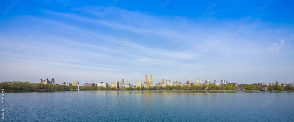 Panorama of the Central Park West skyline and the Jacqueline Kennedy Reservoir in New York City