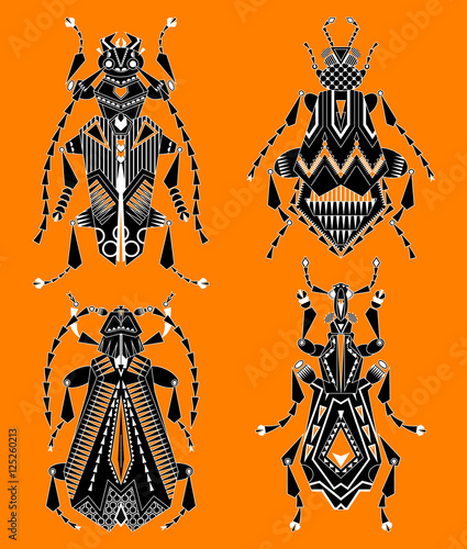 Set of 4 assorted black and white insects on an orange background