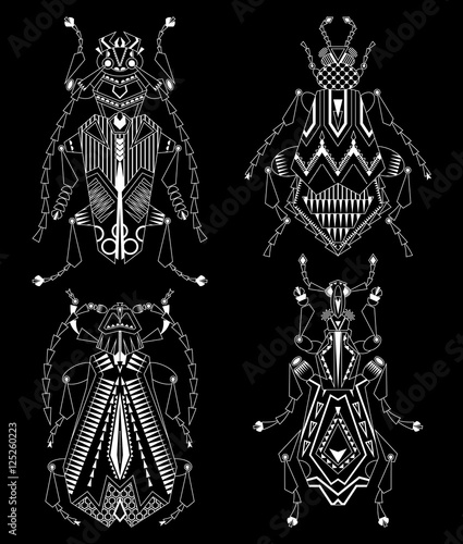Set of 4 various bugs on a black background. Black and white.