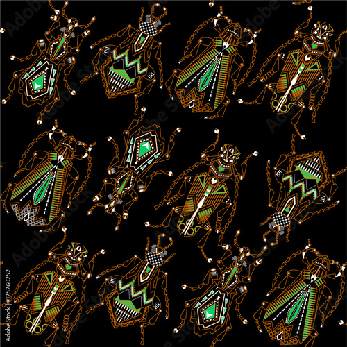 Variety of ornamental orange, green and white insects on a black background. Seamless background pattern.