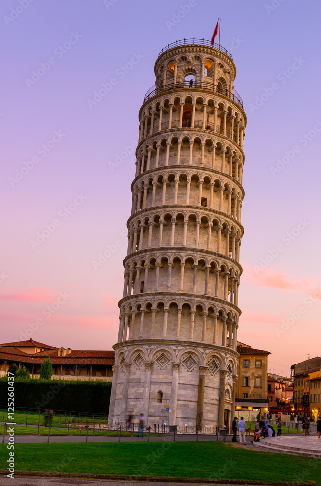 The Leaning Tower of Pisa (Torre pendente di Pisa) at sunset in Pisa, Italy. The Leaning Tower of Pisa is one of the main landmark of Italy