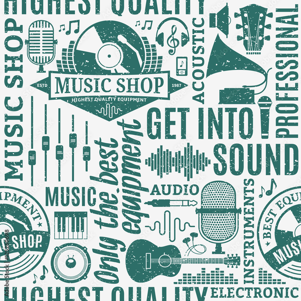 Obraz premium Retro styled typographic vector music shop seamless pattern