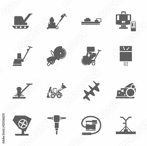 Equipment for working with concrete, construction machinery, single-color icons. Gray, vector image of construction equipment and tools on white background. 