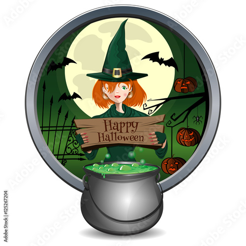 Halloween design. Young witch holding a sign with the inscription - Happy Halloween. Magic cauldron of green brew. Round sticker. Vector element for design, prints and greeting cards