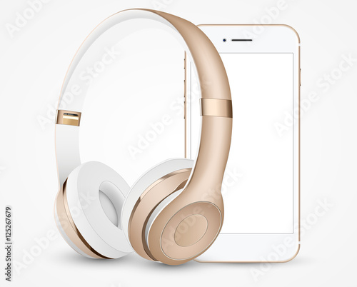 vector gold music headphones and smartphone