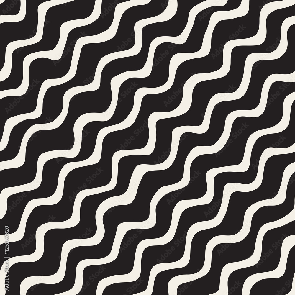 Vector Seamless Black and White Hand Drawn Wavy Diagonal Stripes Pattern