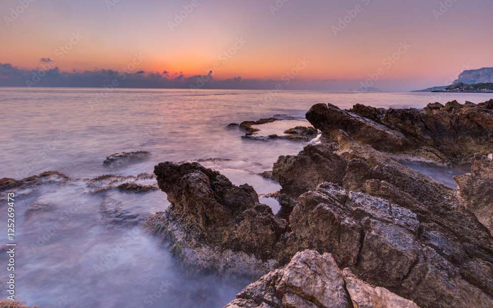Morning Coast Sunrise on Island Sicily in Italy, Europe with sunr