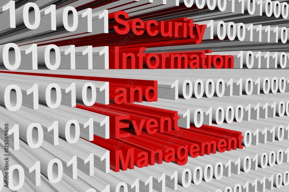 Security information and event management in the form of binary code, 3D illustration