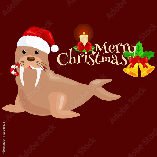 Christmas walrus in a cap and with a candy in your mouth is and enjoys in the New Year's Eve and Christmas and waiting for their gifts for the winter holidays vector illustration