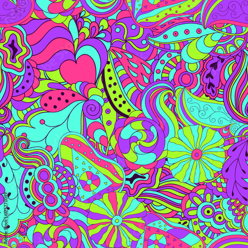 Seamless abstract hand-drawn waves pattern. Neon colors