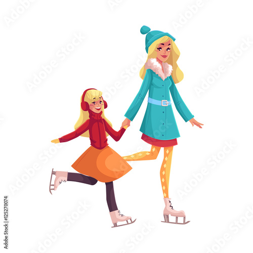 Happy mother and daughter ice skating together, cartoon vector illustrations isolated on white background. Mother and daughter ice skating, talking and having fun, winter activity