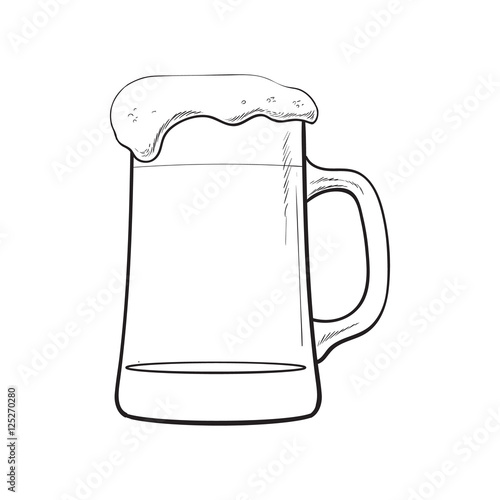Big mug of cold beer with foam and bubbles, sketch style vector illustration isolated on white background. Hand drawn frosty mug of ice cold beer, lager, ale, Oktoberfest symbol