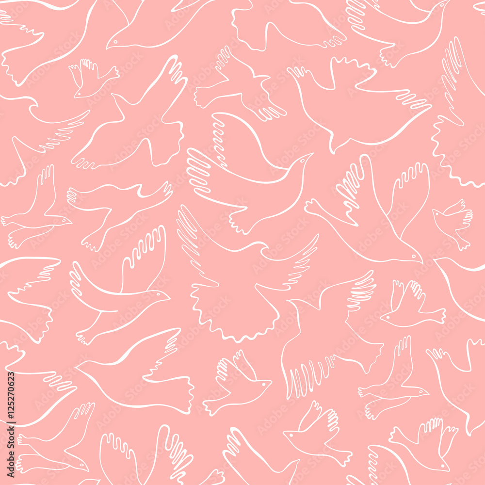 Seamless pattern with white lineal birds on pastel background. Vector hand drawn birds