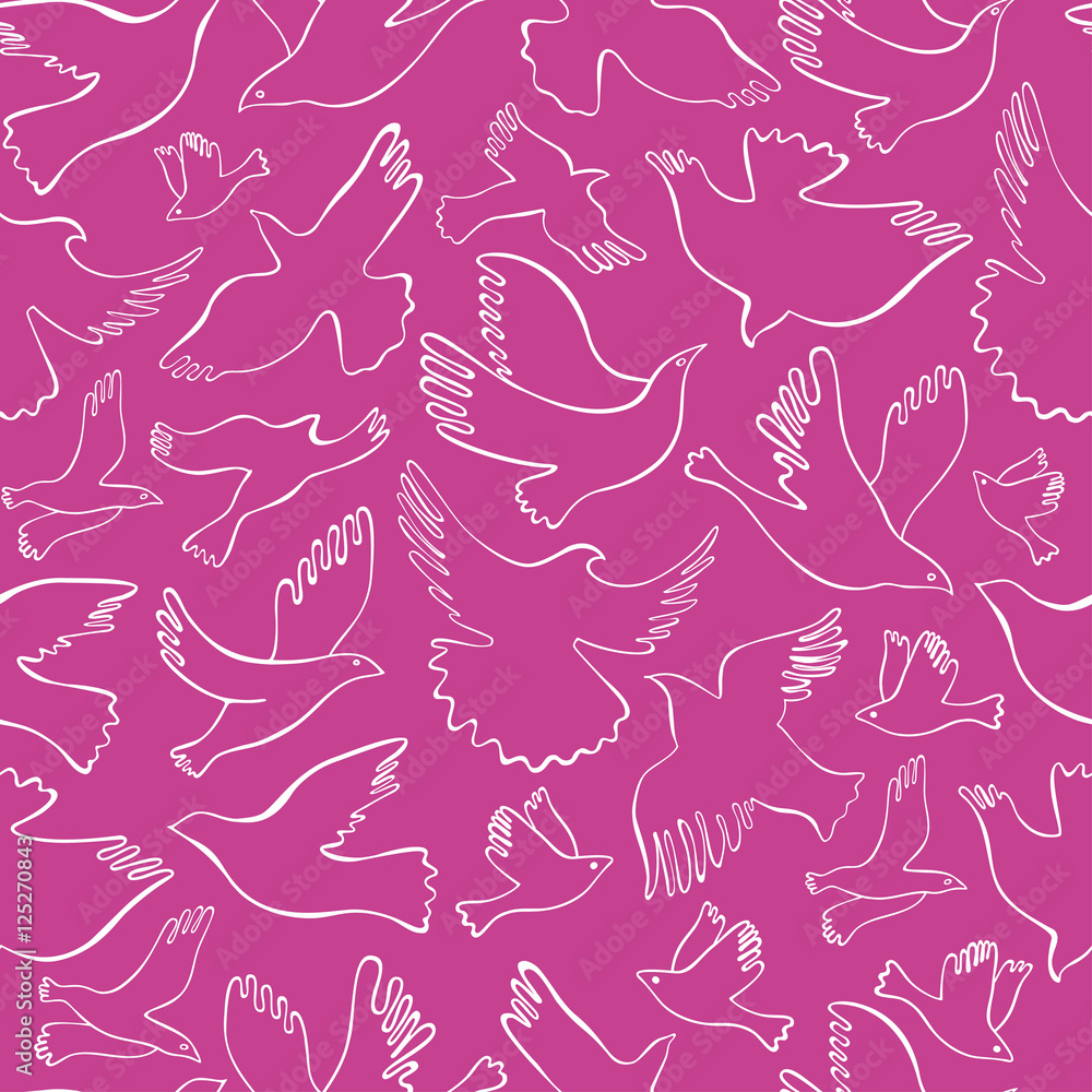 Seamless pattern with white lineal birds on pink background. Vector hand drawn birds. Seamless pattern with white lineal birds on pink background. Vector hand drawn birds.