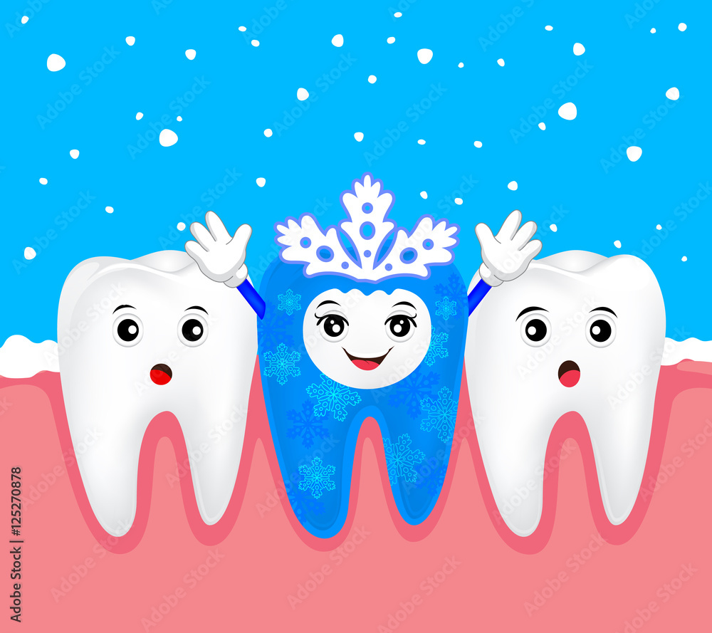 Christmas teeth character concept. Tooth on snowflake costume. Illustration Christmas teeth character concept. Tooth on snowflake costume. Illustration