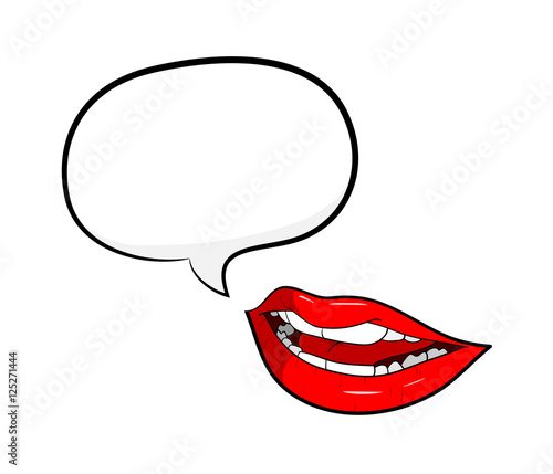 Gossip Red Lips Talking with Speech Bubble. A hand drawn vector cartoon illustration of a mouth with a blank narration bubble.