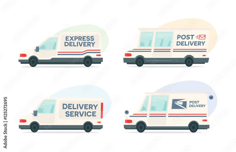 Set of cartoon delivery post car. Vector courier and shipping symbol. Vector auto, trailer and van design template. Isolated objects on white background in flat style. Set of cartoon delivery post car. Vector courier and shipping symbol. Vector auto, trailer and van design template. Isolated objects on white background in flat style.