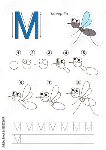 Drawing tutorial. Game for letter M. Cute Mosquito.