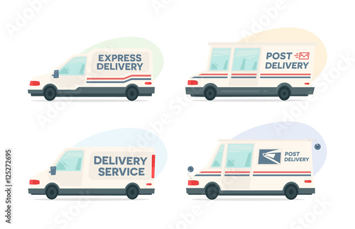 Set of cartoon delivery post car. Vector courier and shipping symbol. Vector auto, trailer and van design template. Isolated objects on white background in flat style.