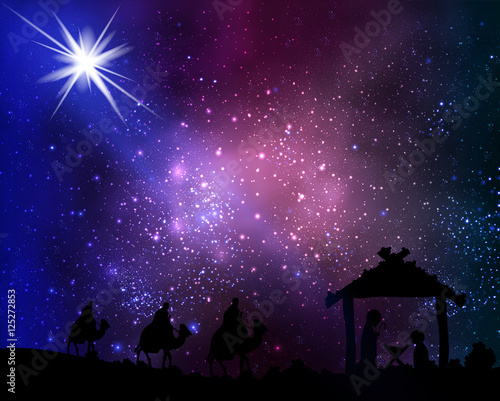 Three wise men and Jesus against the background stars and the co