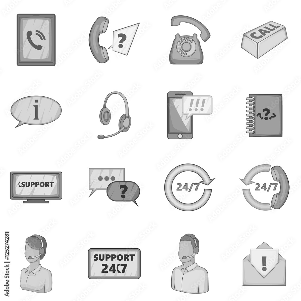 Support service icons set. Gray monochrome illustration of 16 call support service vector icons for web Support service icons set. Gray monochrome illustration of 16 call support service vector icons for web