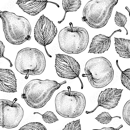 Vector hand drawn apple and pear seamless pattern. Summer fruits. Engraved style. Background. Detailed food drawing. Great for summer decor or detox program.