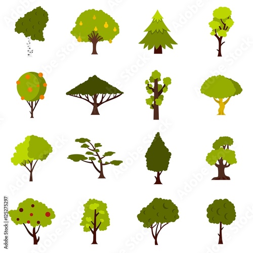 Green tree icons set. Flat illustration of 16 green tree vector icons for web