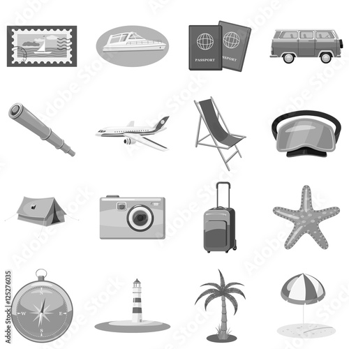 Beach holiday icons set. Gray monochrome illustration of 16 beach holiday vector icons for web