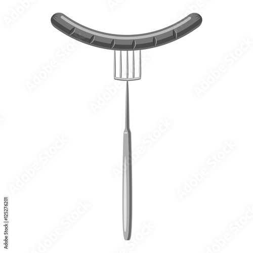 Sausage on a fork icon. Gray monochrome illustration of sausage on a fork vector icon for web