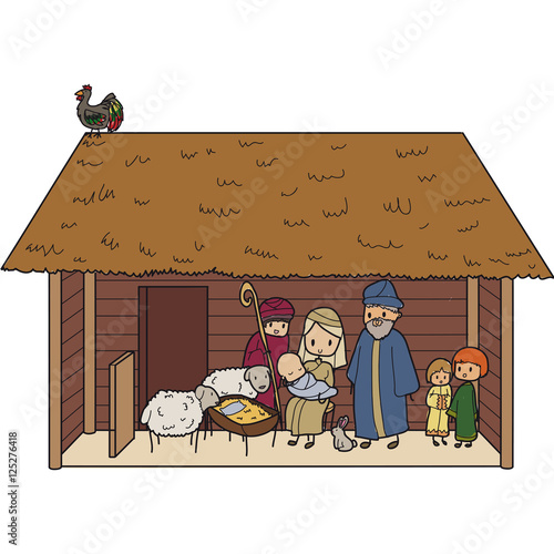 Illustration of a christmas crib with virgin mary and baby jesus