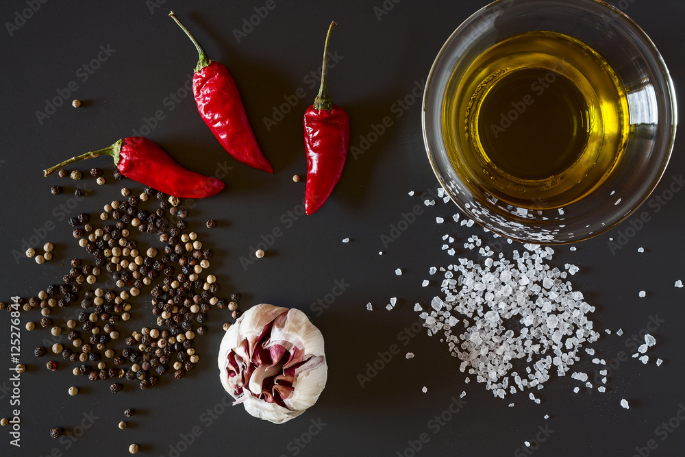 Fresh chili, garlic, oil, salt and pepper