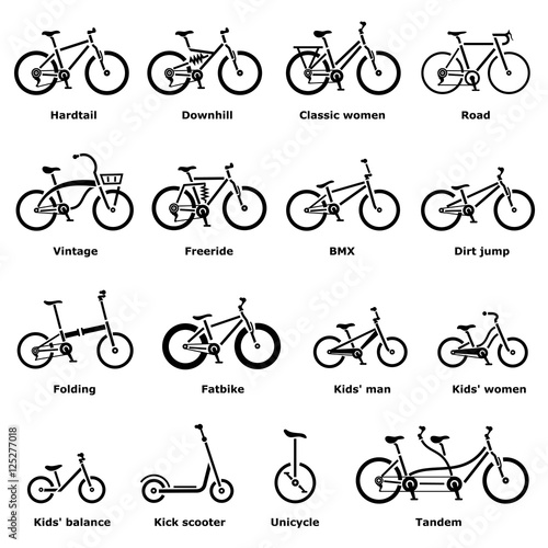 Bicycle types icons set. Simple illustration of 16 bicycle types vector icons for web photo