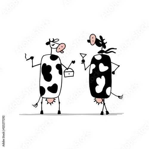 Funny cows on the party, sketch for your design