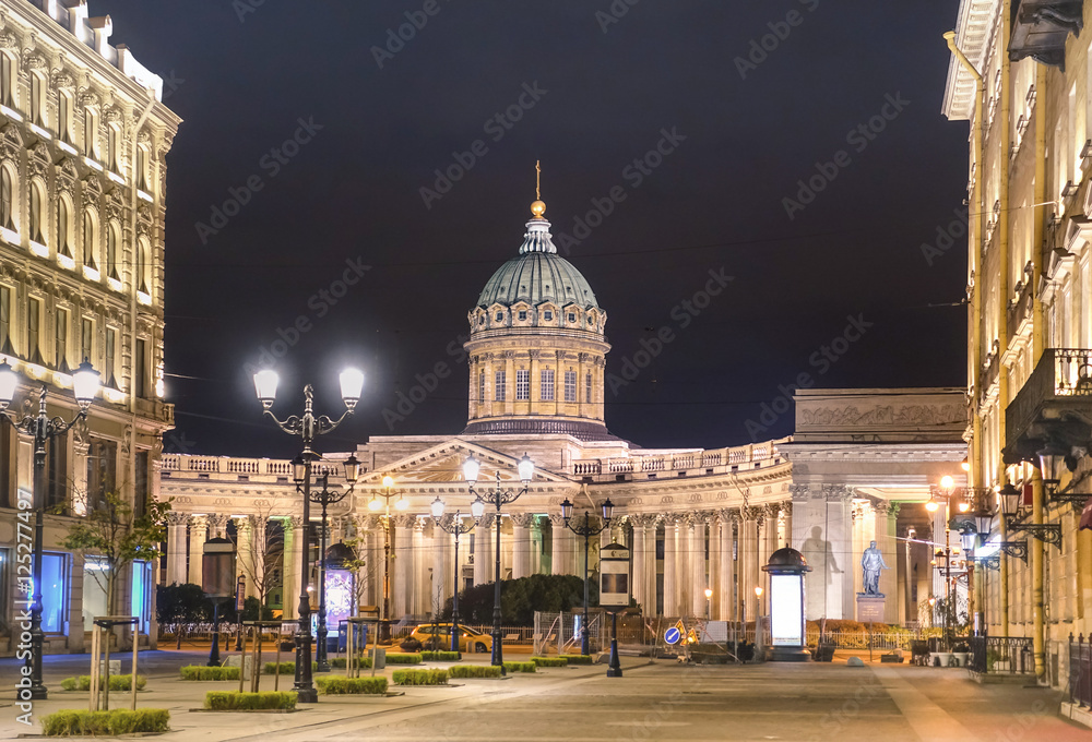 Kazan Cathedral on Nevsky Prospect from the side of Malaya Konushennaya street in world famous russian city of Saint Petersburg - Warm night color tones with main focus on building