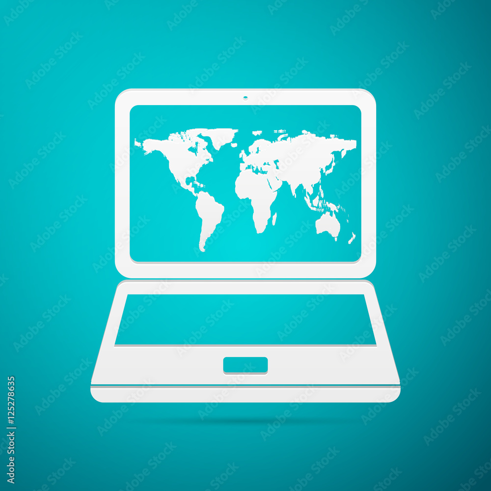 Laptop with world map flat icon on blue background. Vector Illustration Laptop with world map flat icon on blue background. Vector Illustration
