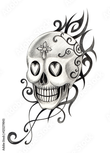 Wallpaper Mural Art design skull head mix graphic tribal tattoo hand pencil drawing on paper. Torontodigital.ca
