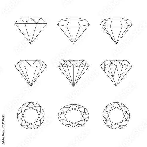 Diamonds, gemstones faceting vector patterns on a white backgrou