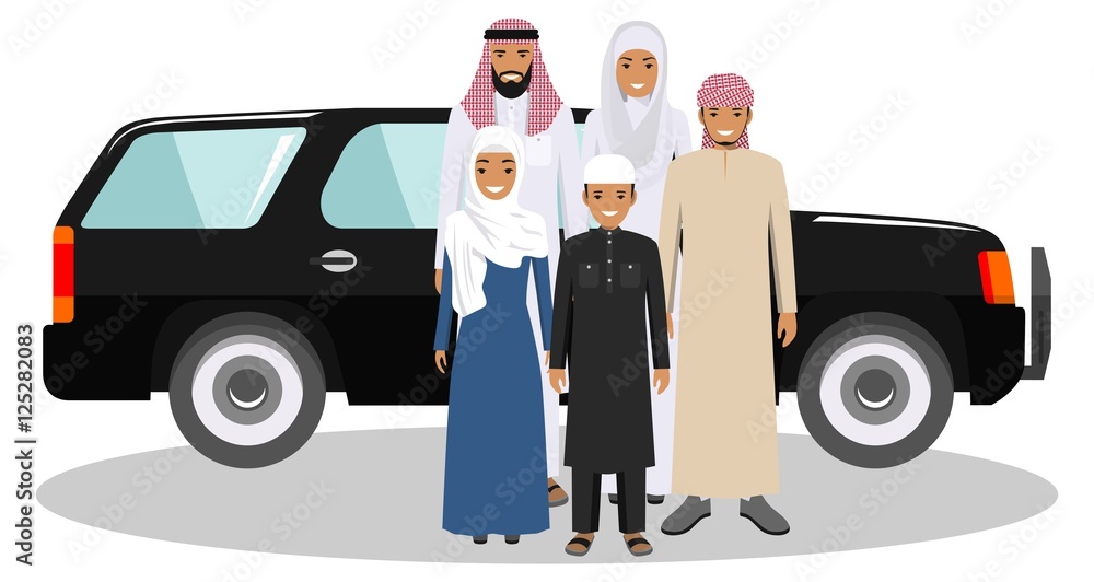Family and social concept. Arab person generations at different ages. Muslim people father, mother, son and daughter standing together near the car in traditional islamic clothes. Vector illustration. Family and social concept. Arab person generations at different ages. Muslim people father, mother, son and daughter standing together near the car in traditional islamic clothes. Vector illustration.