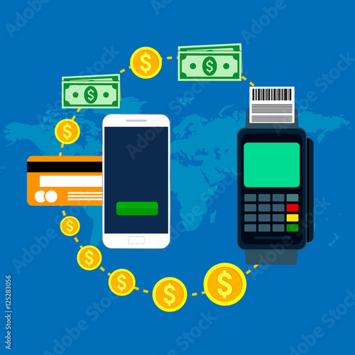 Mobile payments and near field communication. Mobile and online payment concept. Vector illustration. Flat modern design. 