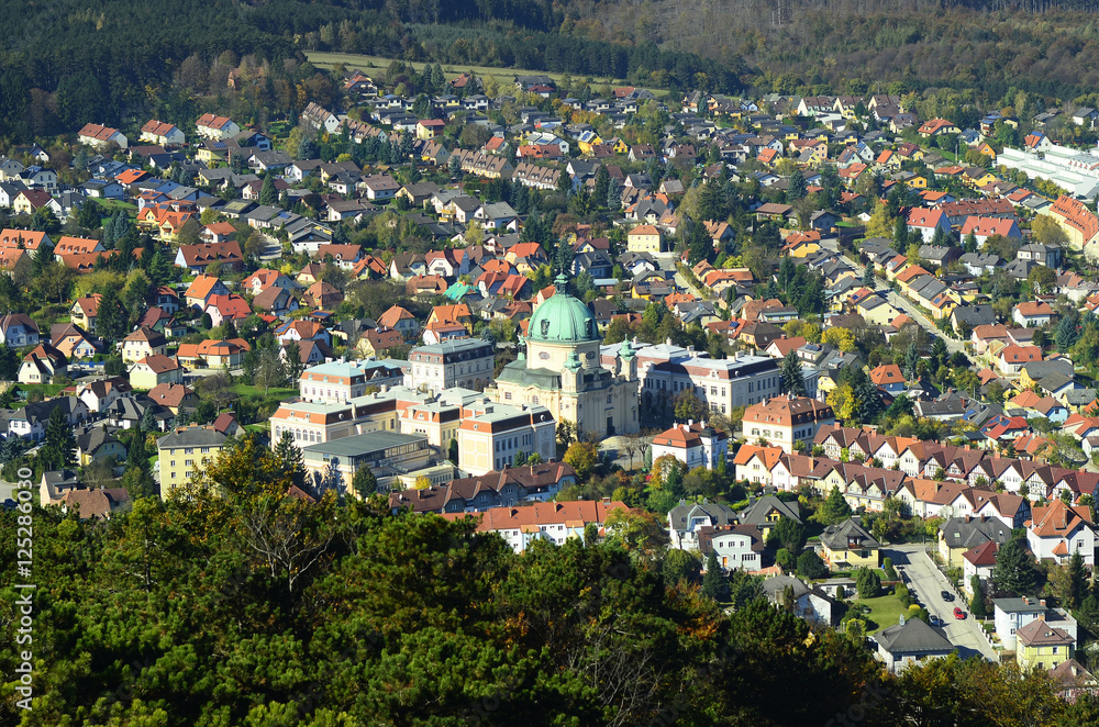 Austria, Berndorf with homes and impressive Margaretenkirche