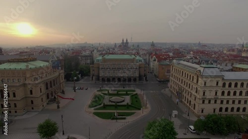 Aerial shot of Jan Palach Square and Manes Bridge over Vltava river in Prague at dawn. Czech Republic, Europe photo