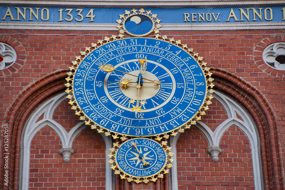 Detail astronomical clock on the House of Blackheads, Riga, Latvia