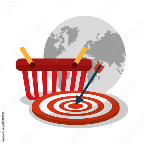 Basket planet and target icon. digital marketing media and ecommerce theme. Colorful design. Vector illustration