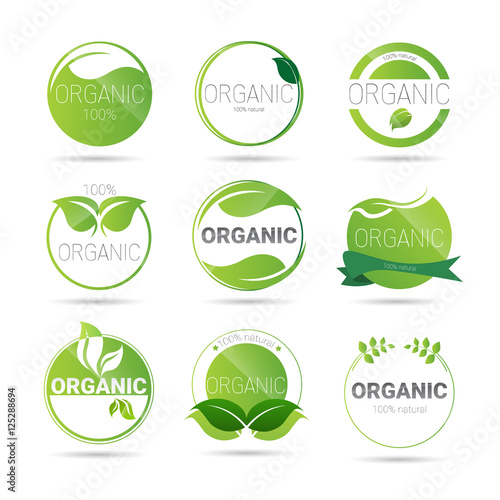 Eco Friendly Organic Natural Product Web Icon Set Green Logo Flat Vector Illustration
